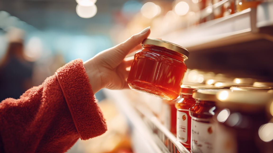 Hand mit einem Glas Marmelade vor einem Supermarktregal