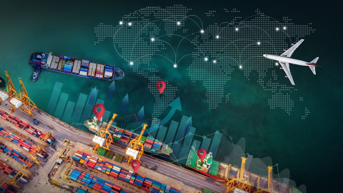 Installation with a port, container ships, an airplane, and a connected world with arrows